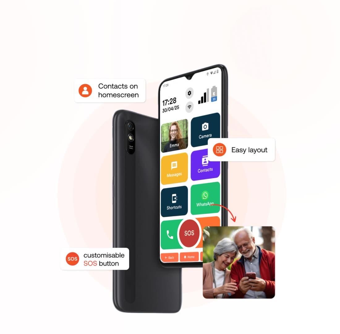 Senifone S1 smartphone showing large contact tiles, a simple layout and a customisable SOS button