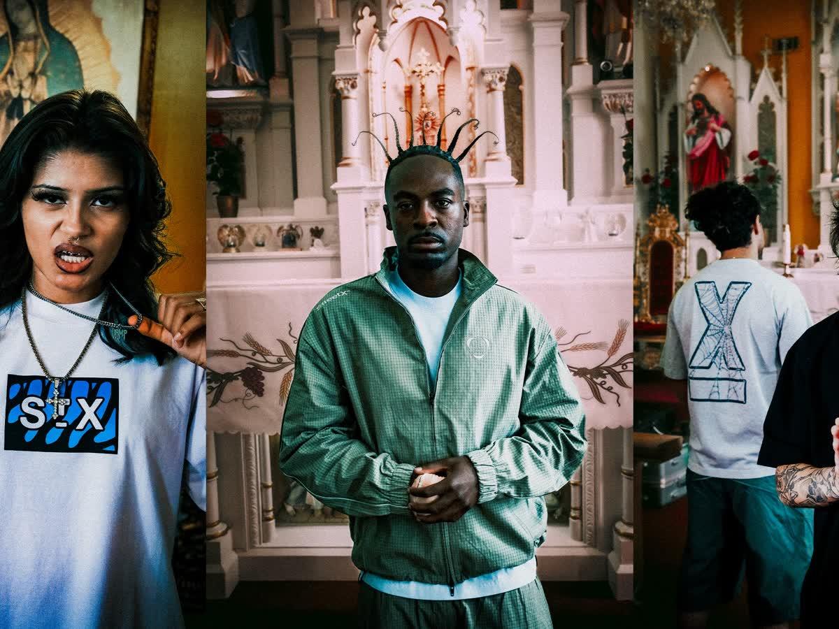 Models wearing StreetX tees and a track jacket from the Europa collection campaign