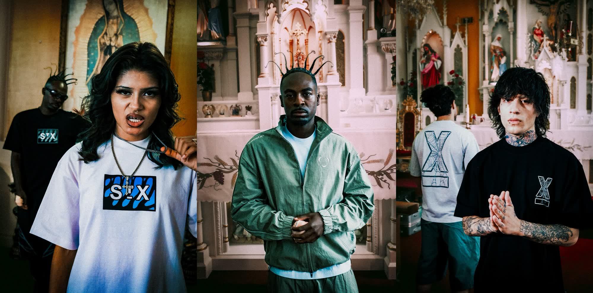 Four models wearing StreetX graphic tees and a green track jacket in an ornate chapel, from the StreetX Europa collection campaign